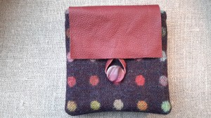 Leather flap purse made from British Abraham Moon tweed fabric 