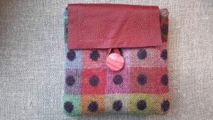 Leather flap purse made from British Abraham Moon tweed fabric 