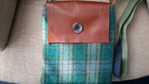 Vintage Tweed fabric Leather flap Bag, with vintage button detail 