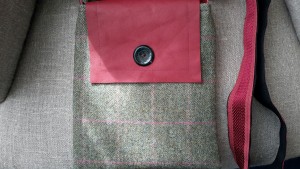 Leather flap Tweed fabric Bag, with vintage button detail 