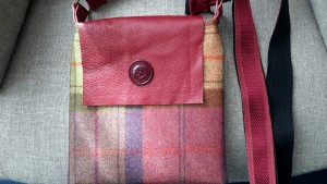 Leather flap Bag made from British Tweed fabric, with vintage button detail 